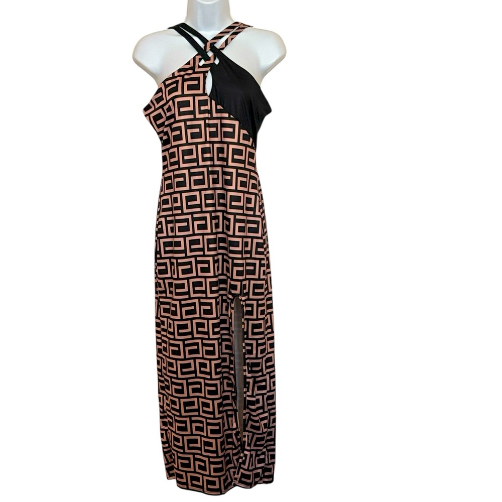 Chicme Maxi criss cross bodice with a split , black and taupe/tan, size S